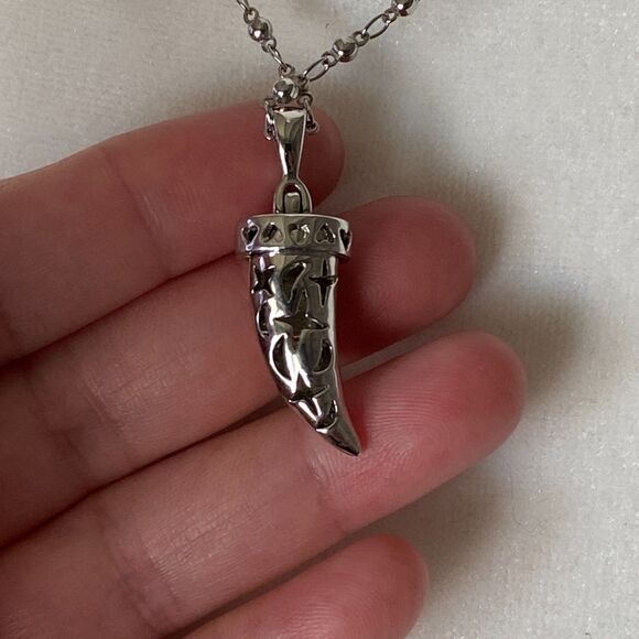 Stainless Steel Fang Necklace with Crystals, Tribal Gothic Silver Pendant - Picture 3 of 8